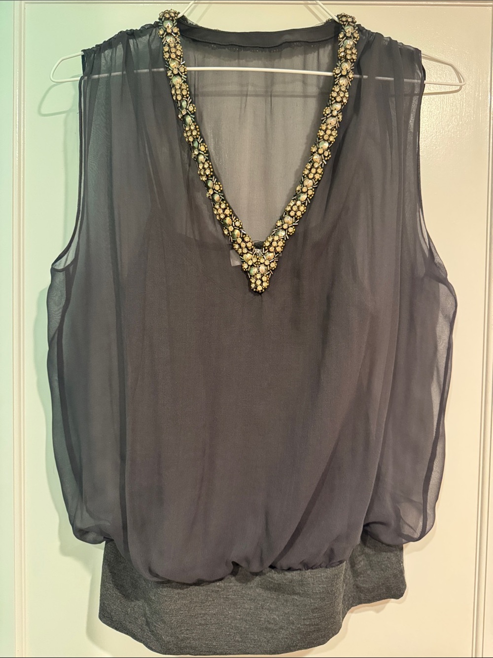 Bailey 44 Gray Sheer Silk Beaded V-Neck Camisole